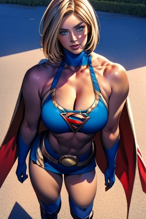 ( Best Quality ), (blue mar), (Overall view)  Huagai with a cool and handsome face, Halter top,  short skirt , Cape, boots, Low-top beautiful and sexy young woman , 18 years old,   toned and muscular ,  With a cool and handsome face , Sharp Eye, Big Breasts,  Supergirl Costume