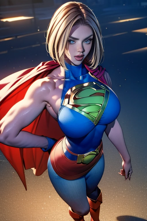 ( Best Quality ), (blue mar), (Overall view)  Huagai with a cool and handsome face, Halter top,  short skirt , Cape, boots, Low-top beautiful and sexy young woman , 18 years old,   toned and muscular ,  With a cool and handsome face , Sharp Eye, Big Breasts,  Supergirl Costume