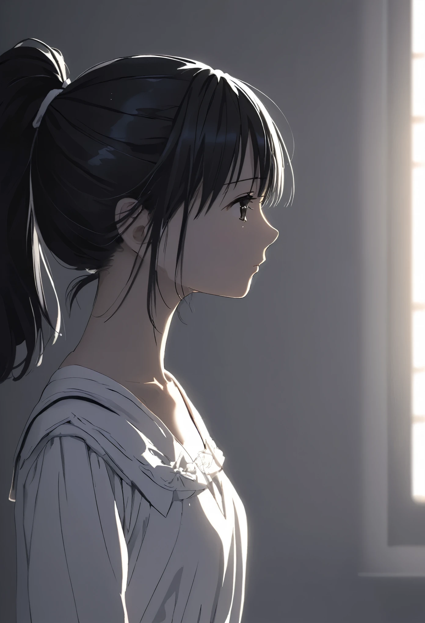face up 、beautiful and cute high school girl、 white dress、Black Hair、 ponytail、profile、Depression、Cloudy、Backlight