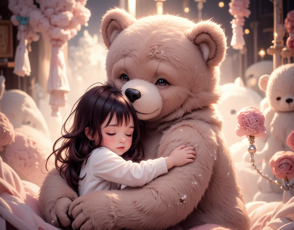  and Teddy Bear Hug in a Cozy Bedroom:
"A young  tightly hugging a large, plush teddy bear in a cozy, softly lit bedroom. The room is filled with soft blankets, pastel colors, and fairy lights, creating a warm and comforting atmosphere. The ’s face is buried in the teddy bear's fur, their small arms wrapped around it in an innocent, loving hug, capturing the sweetness and security of hood. The soft glow of warm lighting makes the moment feel intimate and endearing."