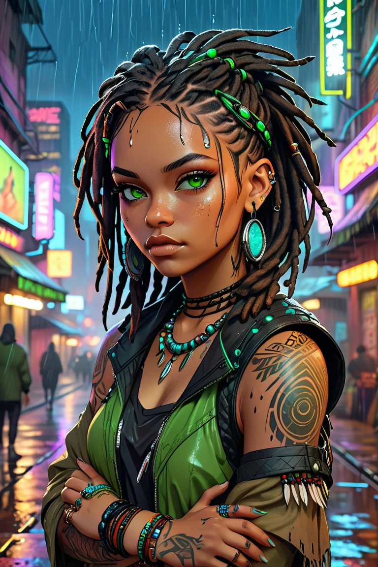 Sturdy, slightly chubby young woman with intense green eyes, black dreadlocks adorned with beads and feathers, warm mulatto skin tone with freckles, and short, slightly pointed ears. Tribal tattoos on her hands, wearing layered, earthy clothing. Cyberpunk setting with neon lights, rain-soaked streets, and a futuristic night city backdrop.