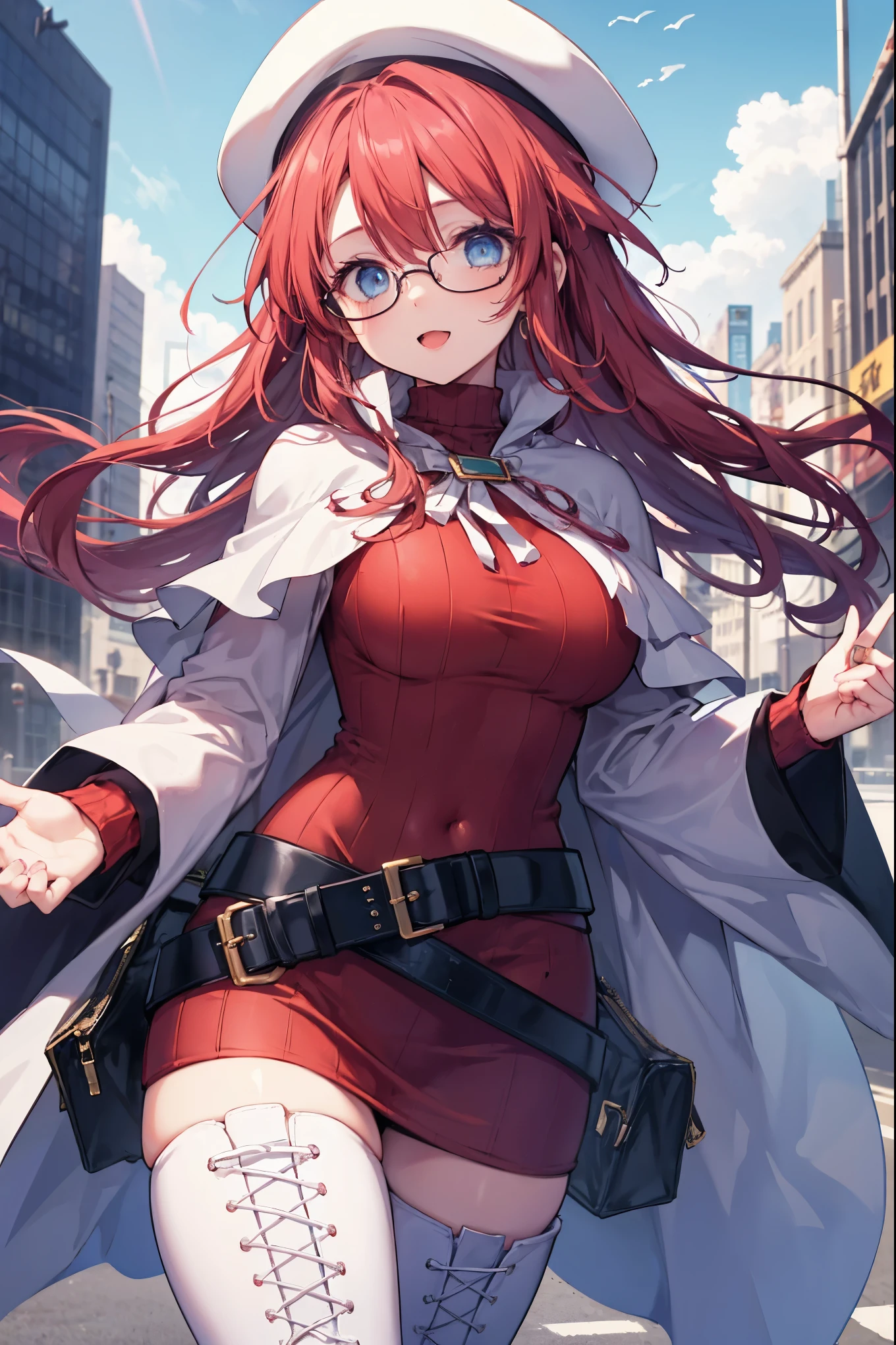 masterpiece, best quality, integrated scenery, integrated background, extremely delicate and beautiful, meticulous details, good composition, cute face, perfect face, perfect hands, best quality, summonnightaty, aty, (young:1.3),long hair, blue eyes, red hair, large_breasts, hat, glasses,
BREAK long hair, thighhighs, dress,  glasses, belt, cape, sweater, zettai ryouiki, beret, thigh boots, white footwear, ribbed sweater, loose belt,solo,
BREAK  fantasy,
,Highquality_hads,perfect_fingers,
BREAK (masterpiece:1.2), best quality, high resolution, unity 8k wallpaper, (illustration:0.8), (beautiful detailed eyes:1.6), extremely detailed face, perfect lighting, extremely detailed CG, (perfect hands, perfect anatomy),(covered_nipples:0.7),(covered_navel:0.7) ,half_eyes,sleepy_eyes,red_sweater,apart_knees,spread_legs,rise_knee,Smile,rise_hand,open_arms,bluesky_landscape,(plump:0.6),open_mouth, dynamic_angle,solo,walking, slouch,half_eyes, head_wind,side_view