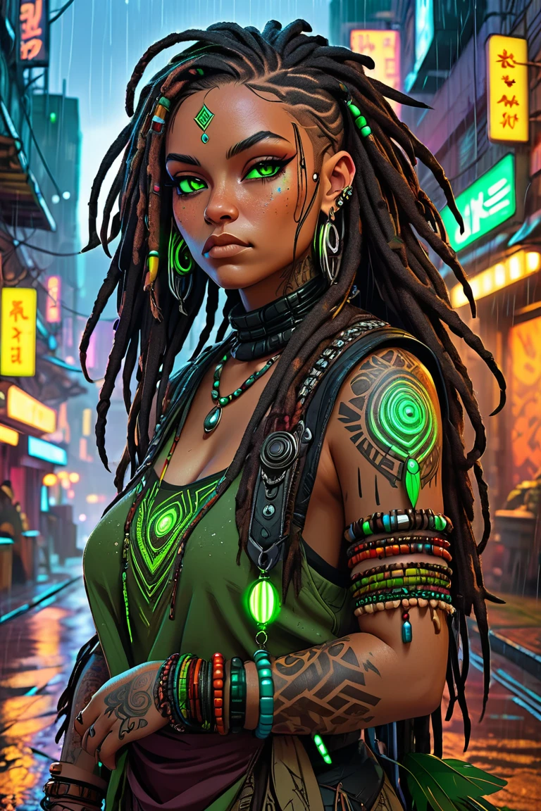 Sturdy, slightly chubby dwarf woman with intense green eyes, black dreadlocks adorned with beads and feathers, warm mulatto skin tone with freckles, and short, slightly pointed ears. Tribal tattoos on her hands, wearing layered, earthy clothing. Cyberpunk setting with neon lights, rain-soaked streets, and a futuristic night city backdrop.