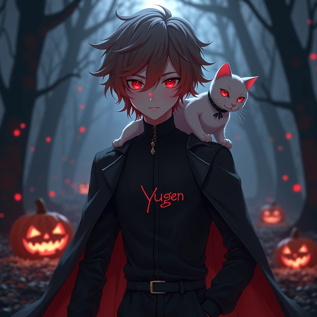 A 3d high quality young anime prince, wearing a black cloak jumpsuit with combination of fire and water hair color and ruby red eyes with a foggy night woods background and jack o lantern,had a black cat in his shoulder.The name yugen is written on his shirt in big fonts