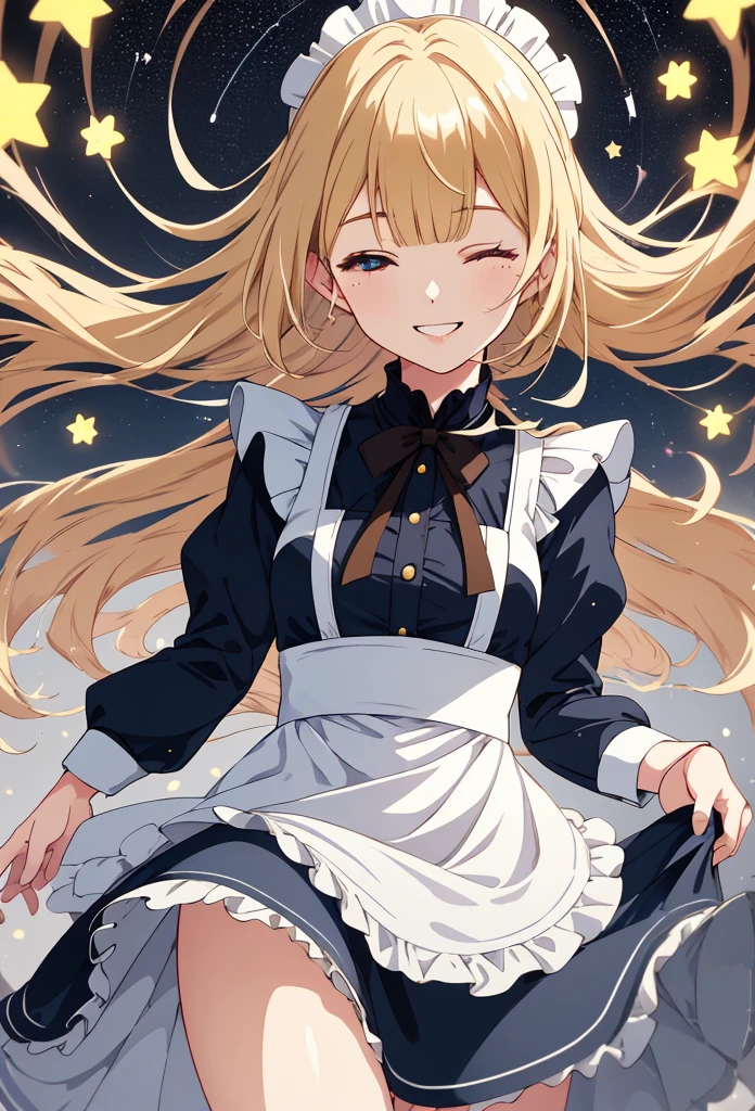  1 Girl,Character portrait, blue dress on white, yuki mio   ,   idol wars z,idol master,Blonde, blunt bangs, Bob Hair, brown eye, maid clothes,big smile, one eye closed, Very energetic, bright smile, a wind of light blows from her, she has the talent of an idol, a smile that makes people happy, spreading energy,,((stars popping out from closed eye)),illustration, anime, Official Art,  wallpaper,  very detailed, ((( very detailed eye))), shut up., masterpiece, Best Quality, Realistic Portrait , Complicated clothes,  very detailed,  Dynamic Angle,  the most beautiful form of chaos ,  elegant,  brutalism design,  bright color,  romantic flowers