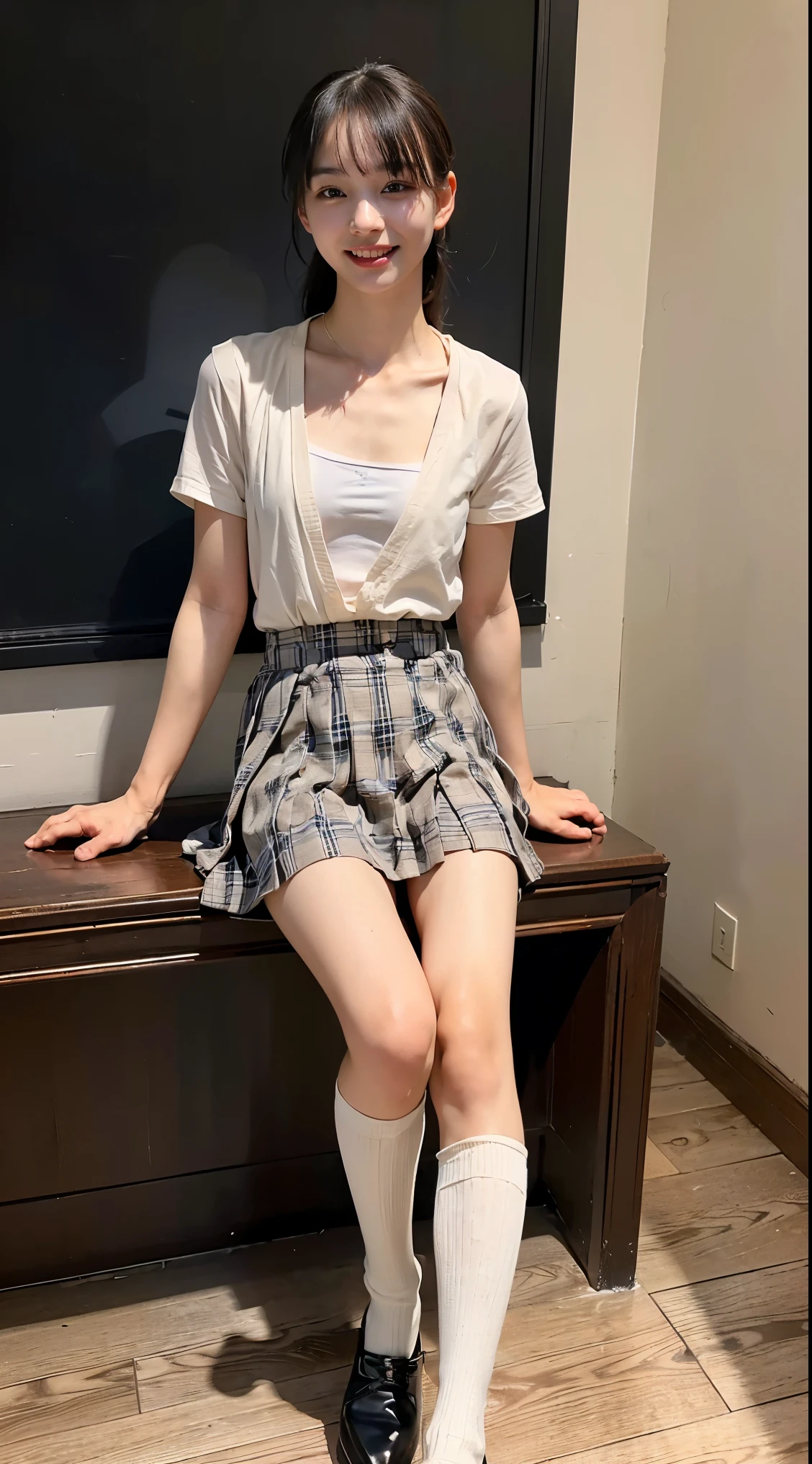 (8k、RAW photo、 Best Quality 、masterpiece:1.2)、(( topless、Nipples、 very flat chest、 slender、smile、skinny、relax、beige plaid pleated skirt、 long skirt 、 dark blue high socks 、 is short:1.2))、(Realistic、Realistic)、 1 girl、(( shirt 、Our eyes meet、Leather shoes))