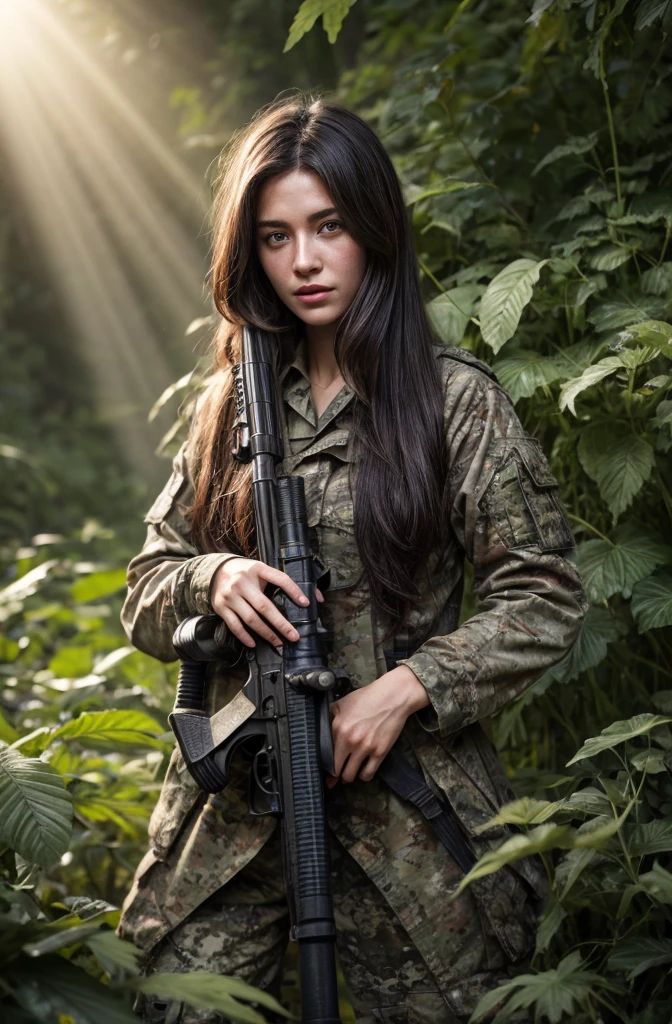 Create a picture of a beautiful Indonesian woman in military camouflage clothing holding an air gun, standing in a dense forest with sunlight filtering through the leaves. The woman must have long brown hair and be positioned as if she is on a surveillance mission, at one with the natural surroundings.