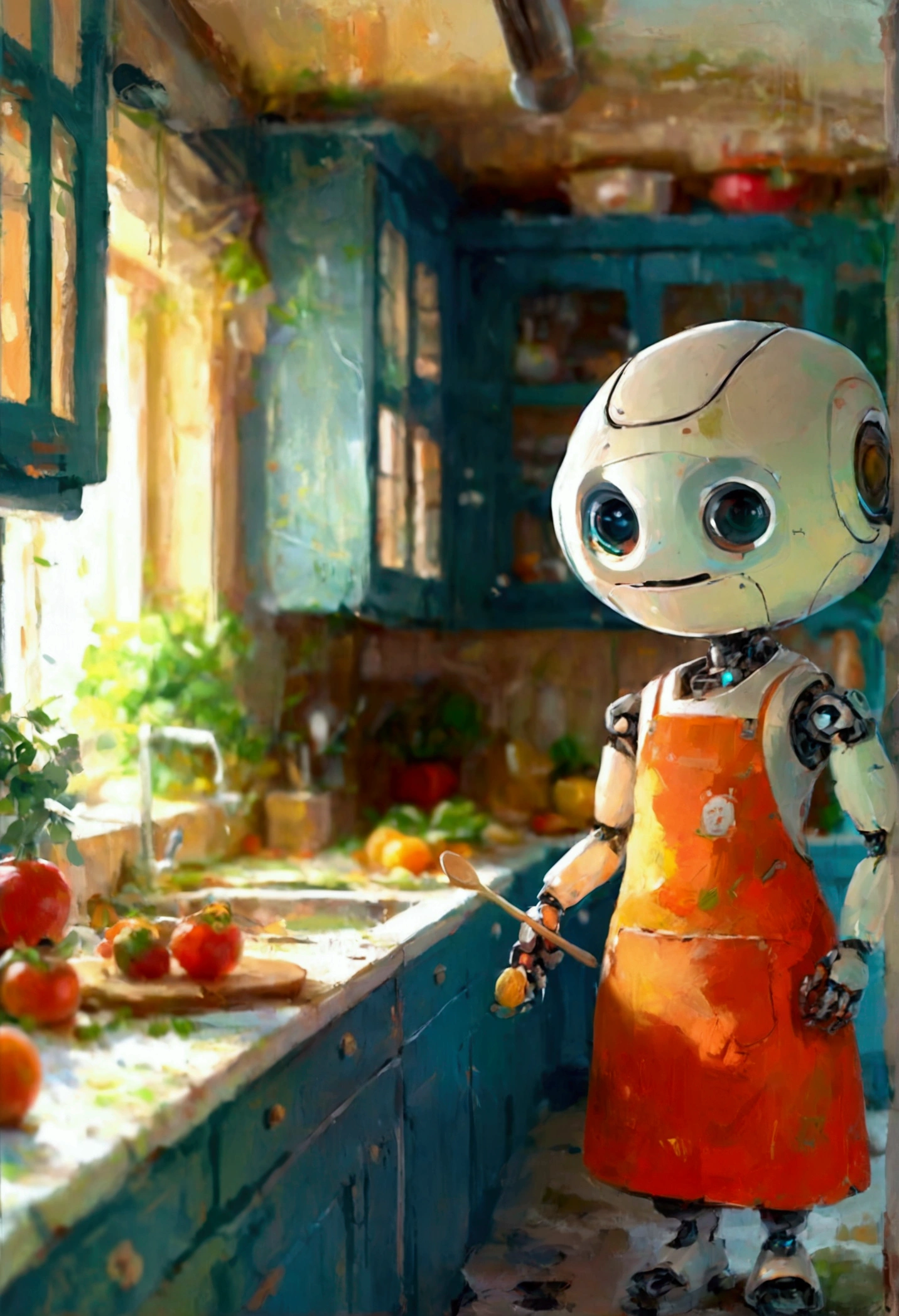 /imagine prompt: Design a kitchen robot capable of cooking, preparing meals, and washing dishes. Face the camera with a smile, humanoid appearance, wearing apron, holding spatula in hand, Center the composition, ultrawide shot, Bright, hyper quality, 3D, Portrait Photography