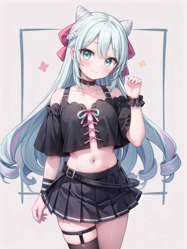 solo, masterpiece, best quality, perfect hands, long hair, cyan hair, cyan eyes, smile, blush, closed mouth, rosado, otoko no ko, cone hair buns, hair bow, black crop top, wristband, black skirt, single thighhigh, high heels, bare shoulders, collarbone, off shoulder, navel, midriff, miniskirt, pleated skirt, single sock, multicolored hair, asymmetrical legwear, belt, black choker, short sleeves, cowboy shot, thigh strap, leg belt, flat chest, french braid