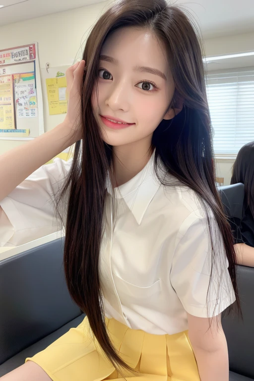 masterpiece, Best Quality, 8k, Ultra-dense skin,  perfect anatomy, upper body, cute, 1 girl,Full body zoom,minju,Jet black hair, straight hair, oily, shiny skin, smooth skin, watch viewers,Sharp focus,Focus,classroom,School Uniform,Brown blouse, white shirt ,tie, wearing a skirt , tight body, exposure,18 years old, bewitching smile,double eyelid,Fine grain, excited , Sexy Poses , Erotic ,