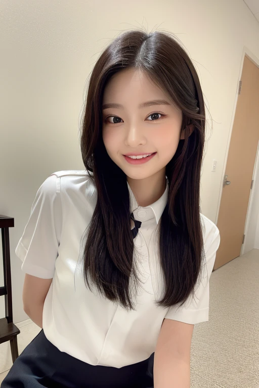 masterpiece, Best Quality, 8k, Ultra-dense skin,  perfect anatomy, upper body, cute, 1 girl,Full body zoom,minju,Jet black hair, straight hair, oily, shiny skin, smooth skin, watch viewers,Sharp focus,Focus,classroom,School Uniform,Brown blouse, white shirt ,tie, wearing a skirt , tight body, exposure,18 years old, bewitching smile,double eyelid,Fine grain, excited , Sexy Poses , Erotic ,