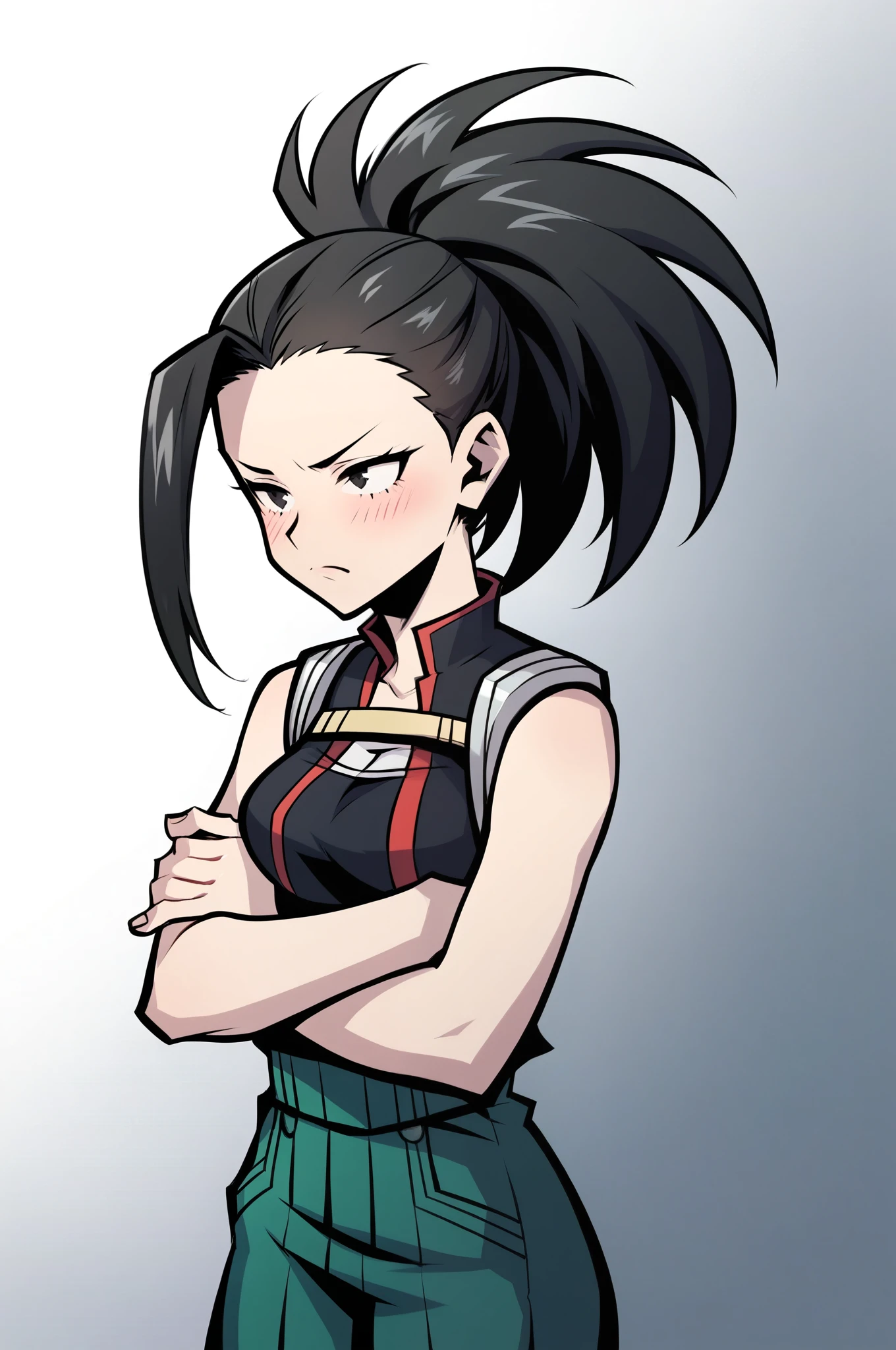 score_9, score_8_up, score_7_up, score_6_up, score_5_up, score_4_up, (masterpiece: 1.0), best quality, fashionable aesthetic,yaoyorozu_momo, boku_no_hero_academia, 1girl, black_hair, black_eyes, blush, arms crossed, annoyed, perfect,
