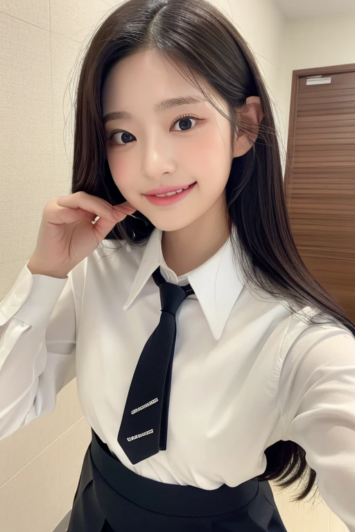 masterpiece, Best Quality, 8k, Ultra-dense skin,  perfect anatomy, upper body, cute, 1 girl,Full body zoom,minju,Jet black hair, straight hair, oily, shiny skin, smooth skin, watch viewers,Sharp focus,Focus,classroom,School Uniform,Brown blouse, white shirt ,tie, wearing a skirt , tight body, exposure,18 years old, bewitching smile,double eyelid,Fine grain, excited , Sexy Poses , Erotic ,