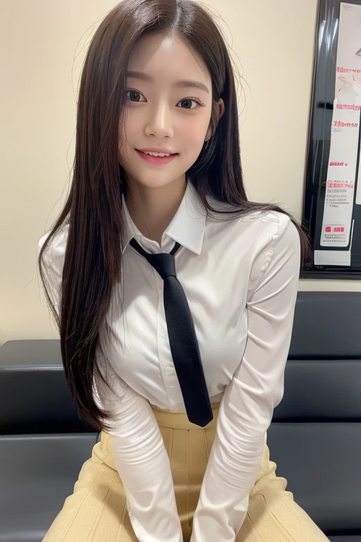 masterpiece, Best Quality, 8k, Ultra-dense skin,  perfect anatomy, upper body, cute, 1 girl,Full body zoom,minju,Jet black hair, straight hair, oily, shiny skin, smooth skin, watch viewers,Sharp focus,Focus,classroom,School Uniform,Brown blouse, white shirt ,tie, wearing a skirt , tight body, exposure,18 years old, bewitching smile,double eyelid,Fine grain, excited , Sexy Poses , Erotic ,