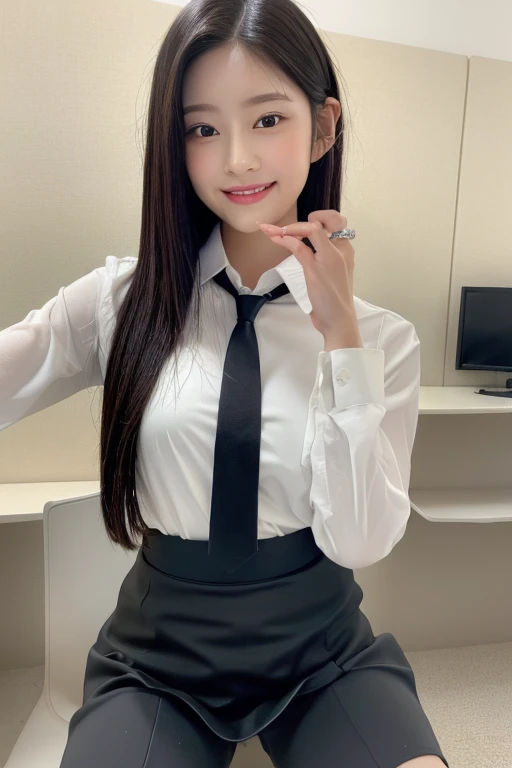 masterpiece, Best Quality, 8k, Ultra-dense skin,  perfect anatomy, upper body, cute, 1 girl,Full body zoom,minju,Jet black hair, straight hair, oily, shiny skin, smooth skin, watch viewers,Sharp focus,Focus,classroom,School Uniform,Brown blouse, white shirt ,tie, wearing a skirt , tight body, exposure,18 years old, bewitching smile,double eyelid,Fine grain, excited , Sexy Poses , Erotic ,