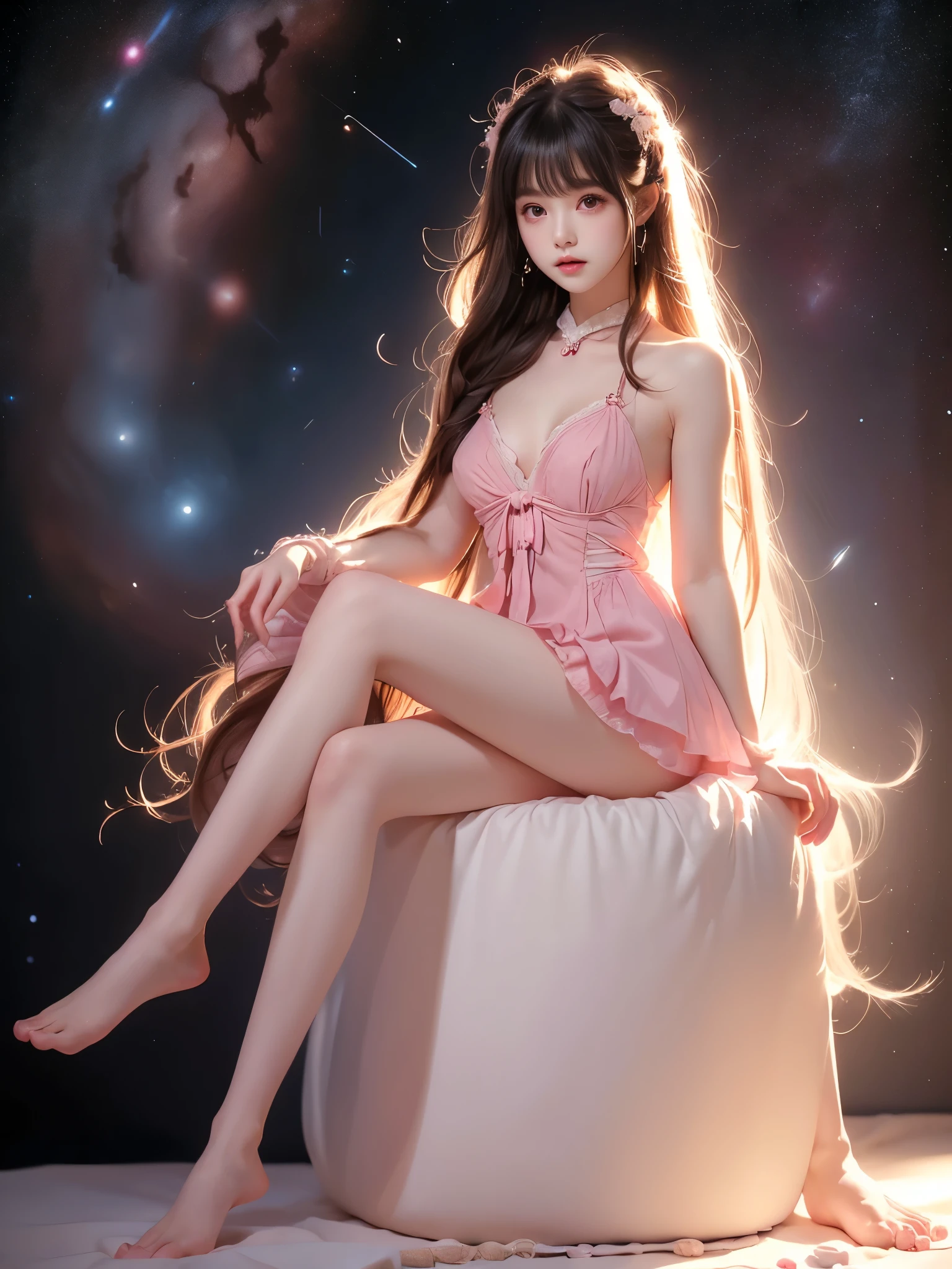 mh (manaka nemu), pink dress , ((full body)), ((Night, starry sky, space background)), ((Pose naturally and elegantly)), ((Elegant sitting posture, knees naturally slightly bent)), (Asian beauty:1.3), girl, solo, ((anatomically correct pose)), ((relaxed posture)), (very short hemline), (cute face), (toned body:1.2), (naturally large breasts:1.1), (visible cleavage:0.8), (smooth flawless skin:1.2), ((anatomically correct human legs)), ((realistic leg joints and muscles)), ((proper leg proportions)), (one hand in long flowing hair), (detailed facial features:1.2), (big bright eyes:1.1), (long eyelashes), charming smile, gentle expression, (professional studio lighting), (warm tones), (masterpiece:1.4), (best quality:1.3), (sharp focus:1.2), (photorealistic:1.2)