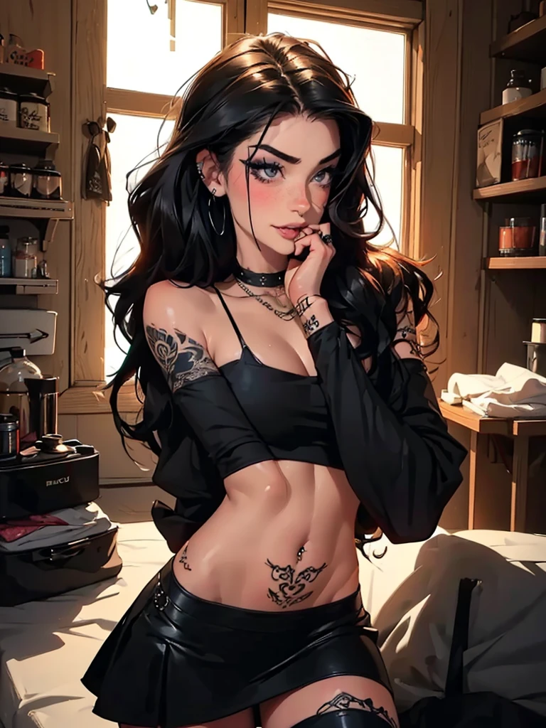 Goth woman, (goth makeup), (brown skin), (a t-shirt and skinny mini shorts), (show under boobs), (fishnet stockings), (navel jewellery), (pierced ears), (pierced lips), blue eyes, short messy black emo hair, (living room background), thick thighs, medium breasts, (8K), (wallpaper), (dynamic lighting), (detailed face and eyes:1.2), nsfw, mouth open, extreamly hot with sexy appeal, pussy out, mouth open.
