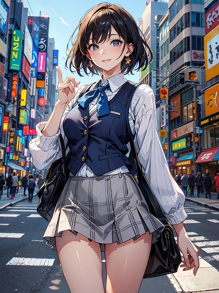 (top-quality、masterpiece)、1girl、intricate detailes、(Realistic lighting with shades)、huge filesize,、hight resolution、 elegent、 realisitic、 (Perfect anatomical depiction of the human body),、Teenage girl is raising her dancing legs in Japan schoolgirl outfit,、serious facial expression,、Girl is a brunette Japan with whitening skin blue eyes and braided short cuts with bangs、 (Smaller chest)、(small tits)、(big breasts thin waist)、(thighs thin)、(a baby face)、((Crimson ribbon ties)). (Neat white blouse with smooth thin fabric)、(no-bra)、 (Micro mini pleated skirt with dark blue tartan check)、 (White panties covering the buttocks)、((No skin exposed on upper body))、(Neat clothes with all buttons fastened)、(The hem of the blouse is tucked inside the skirt),、(The belly, back and chest are hidden by the blouse and cannot be seen directly.)、 (Beautiful big blue eyes), (Thin and clear double eyelid lines for the eyes),、(Glossy, plump and bright tone teardrop bags under the eyes),、(Light blue iris),、(The iris and pupil have several highlights),、(Long eyelashes that clearly indicate their presence), (Sheer blouse),、(Skin and hair sparkle in the sunlight)、Shots in the city in the daytime,、cameltoe、 (Shots in beautiful poses facing front or backward), perfect hands, nice hands, bowtie,