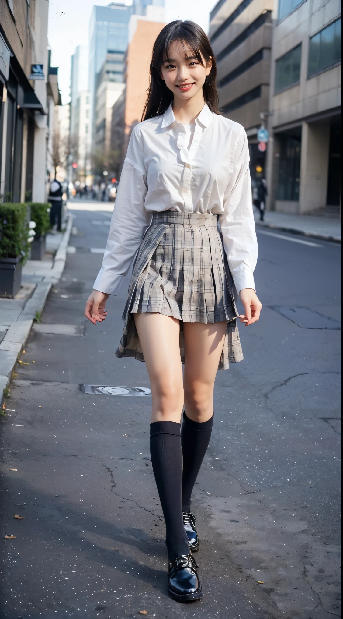 (8k、RAW photo、 Best Quality 、masterpiece:1.2)、(( topless、Nipples、 very flat chest、 slender、smile、skinny、relax、beige plaid pleated skirt、 long skirt 、 dark blue high socks :1.2))、(Realistic、Realistic)、 1 girl、(( shirt 、Our eyes meet、Outdoor、Leather shoes))