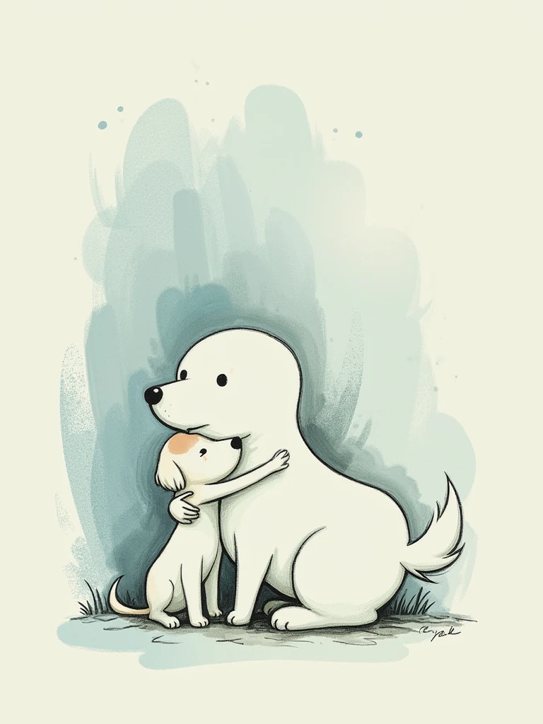 A minimalist yet enchanting scene capturing a gentle hug between a human and a dog, drawn in the ethereal and ghoulish style of Studio Ghibli-inspired artwork. The artwork showcases soft, simplified lines with delicate shading, enhancing a feeling of warmth and tenderness while maintaining an air of mystery. The human figure has a slightly ghostly, otherworldly aura, and the dog’s form is subtle and endearing, with expressive, soulful eyes that add emotional depth. The color palette is muted, with hints of cool blues and grays, creating a haunting yet serene atmosphere. The background is minimal, allowing the focus to remain on the bond between the characters, as soft wisps or faint ethereal elements surround them, adding to the mystical Ghibli ambiance. Tags: (minimalist, Studio Ghibli style, ghoulish, surreal, emotional bond, soft hues, gentle textures, expressive, detailed yet simplified).”