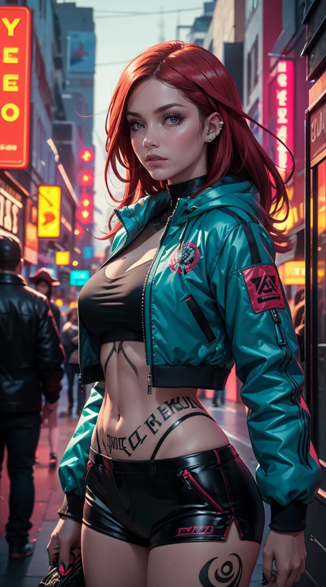 Beautiful woman is shown to have a tiny figure, colorful hair, wearing future red cyber city clothes, big res colorful puffy jacket, lots of facial piercings, tattoos, neon city, cybernetics, she has blue eyes, sexy session, elegant posing, cowboy shot, superior quality, many details, realistic,