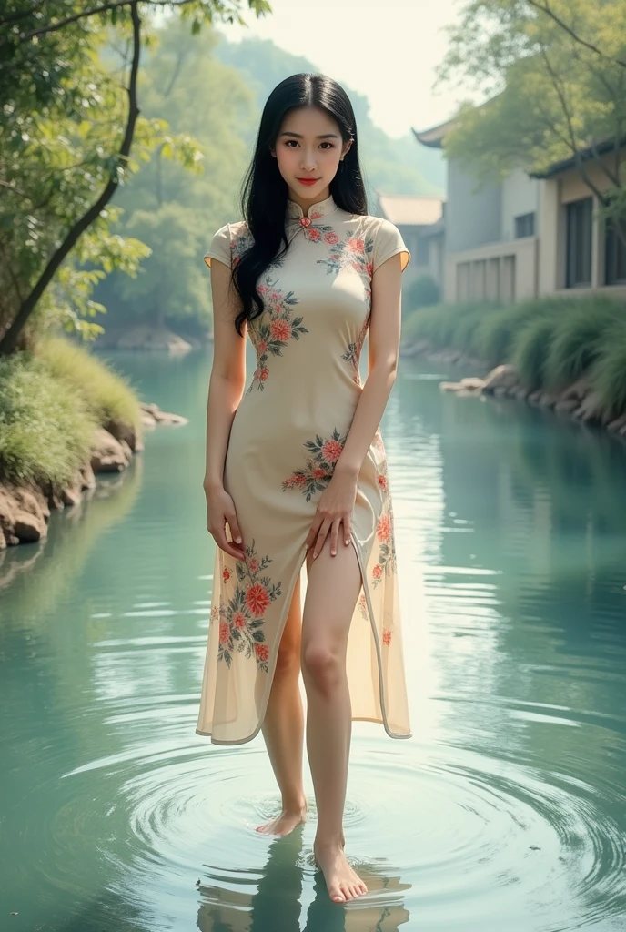 woman, Cheongsam, river, washing barefoot