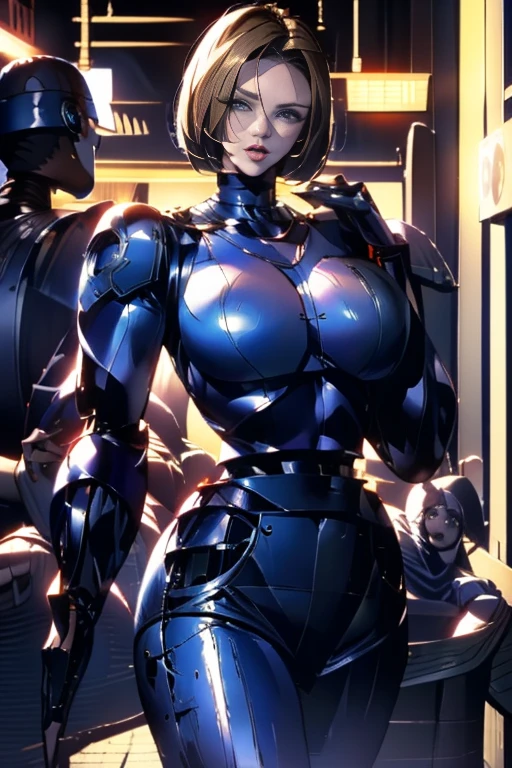 ( Best Quality ), (Blue Mary), (Overall view)  Hua Gai with a cool and charming face  ,RoboCop Armor  , Robocop helmet ,    beautiful and sexy young woman , 18 years old,    toned and muscular  ,  With a cool and handsome face  , SharpEye, Big Breasts