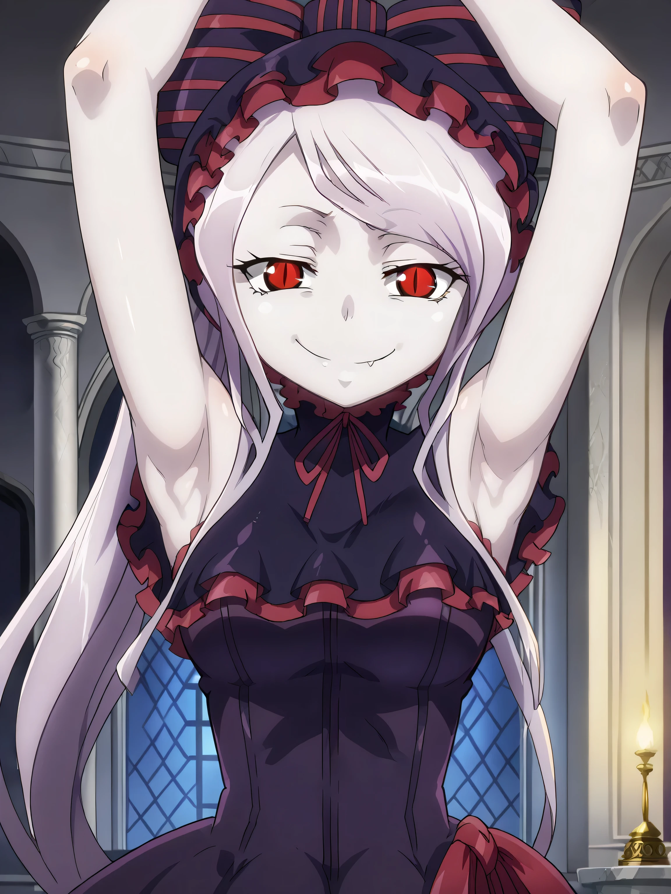 score_9, score_8_up, score_7_up, source_anime, anime screencap, 1girl, solo, Shalltear_Bloodfallen, silver_hair, red_eyes, swept_bangs, long_hair, vampire, tsurime, colored_skin, pale_skin, white_skin, purple_long_dress_layered_dress_bonnet_capelet_corset, frilled_dress, frilled_capelet, frilled_corset, red|purple_striped_hair_bow, red_neck_ribbon, sleeveless, looking at viewer, bare shoulders, bare arms, arms up, raised arms, armpits, smile, smug, closed mouth, indoors, mansion, night, in the center, badhandv4