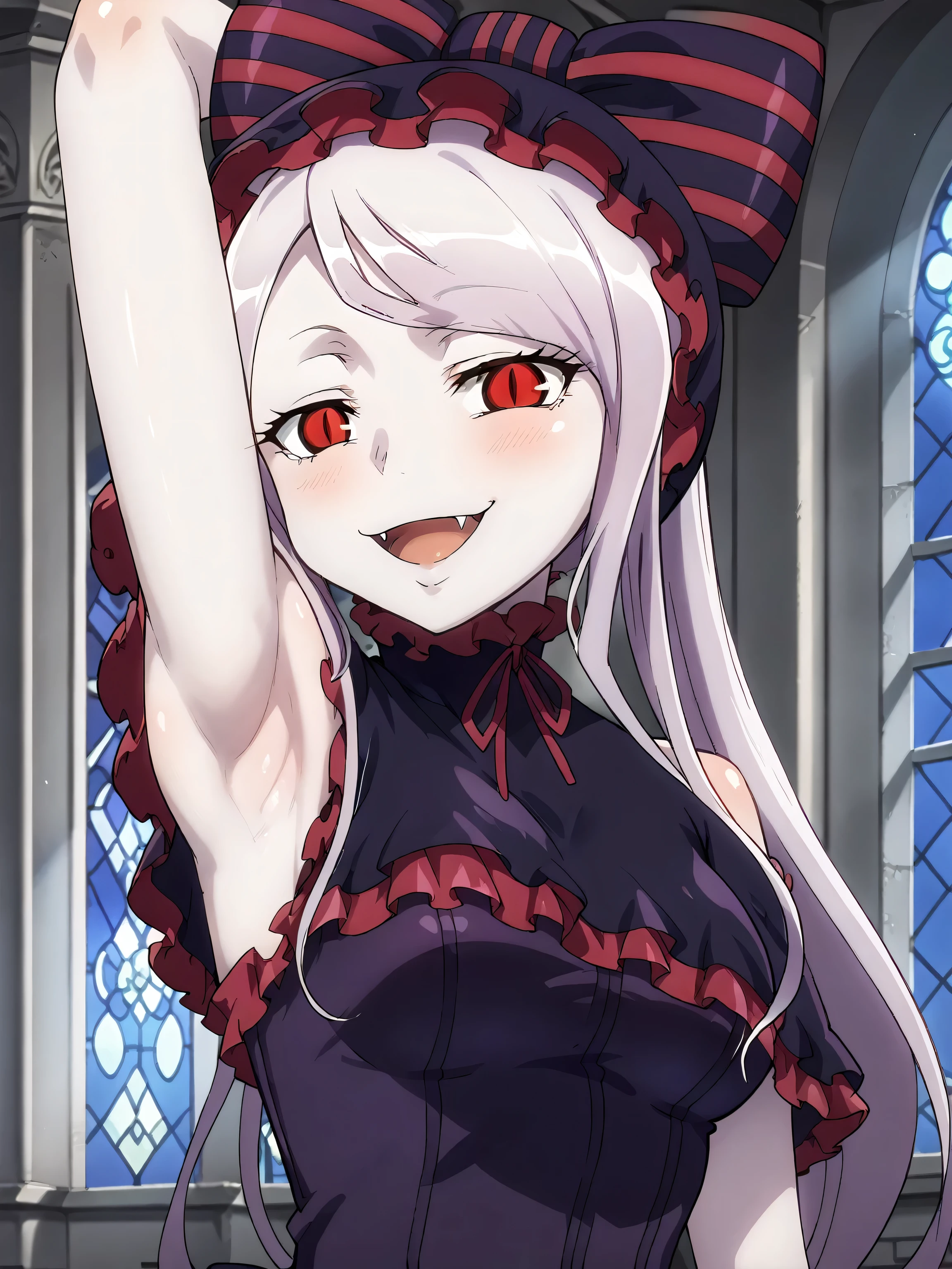 score_9, score_8_up, score_7_up, source_anime, anime screencap, 1girl, solo, Shalltear_Bloodfallen, silver_hair, red_eyes, swept_bangs, long_hair, vampire, tsurime, colored_skin, pale_skin, white_skin, purple_long_dress_layered_dress_bonnet_capelet_corset, frilled_dress, frilled_capelet, frilled_corset, red|purple_striped_hair_bow, red_neck_ribbon, sleeveless, bare shoulders, bare arms, arm up, raised arm, armpit, looking at viewer, head towards viewer, blush, looking at viewer, smile, smug, open mouth, indoors, mansion, night, armpit up close, close close-up of armpit, badhandv4