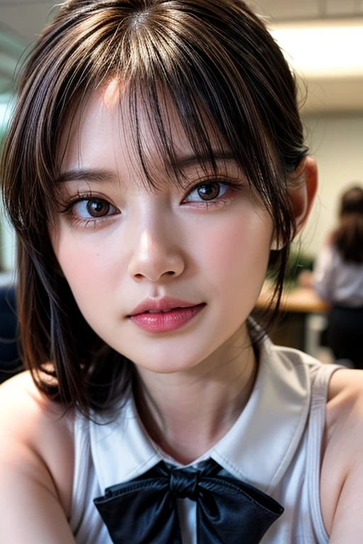 high resolution photograph of a Japanese woman, (realistic, photo-realistic, best quality, masterpiece), 8k RAW photo, intricate details, extremely detailed, sharp focus, (portrait, bust shot, frontal photography), solo, 1girl, (seductive pose), (detailed face, detailed eyes, beautiful pupils, sophisticated nose), pale skin, fine-textured skin, (office lady),(full frontal, bowtie:1.3), photo background, indoors, office room, daytime, (office staff members in background:1.5) 