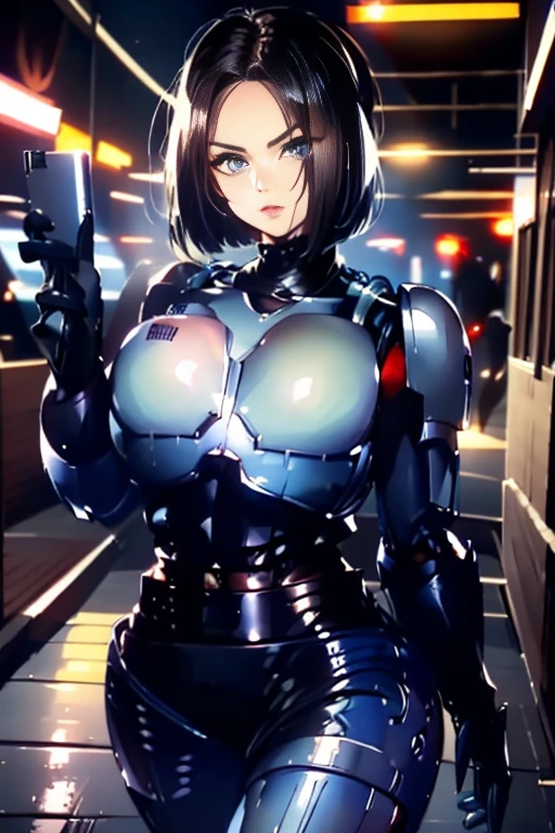 ( Best Quality ), (Blue Mary), (Overall view)  Hua Gai with a cool and charming face  ,RoboCop Armor  , Robocop helmet ,    beautiful and sexy young woman , 18 years old,    toned and muscular  ,  With a cool and handsome face  , SharpEye, Big Breasts