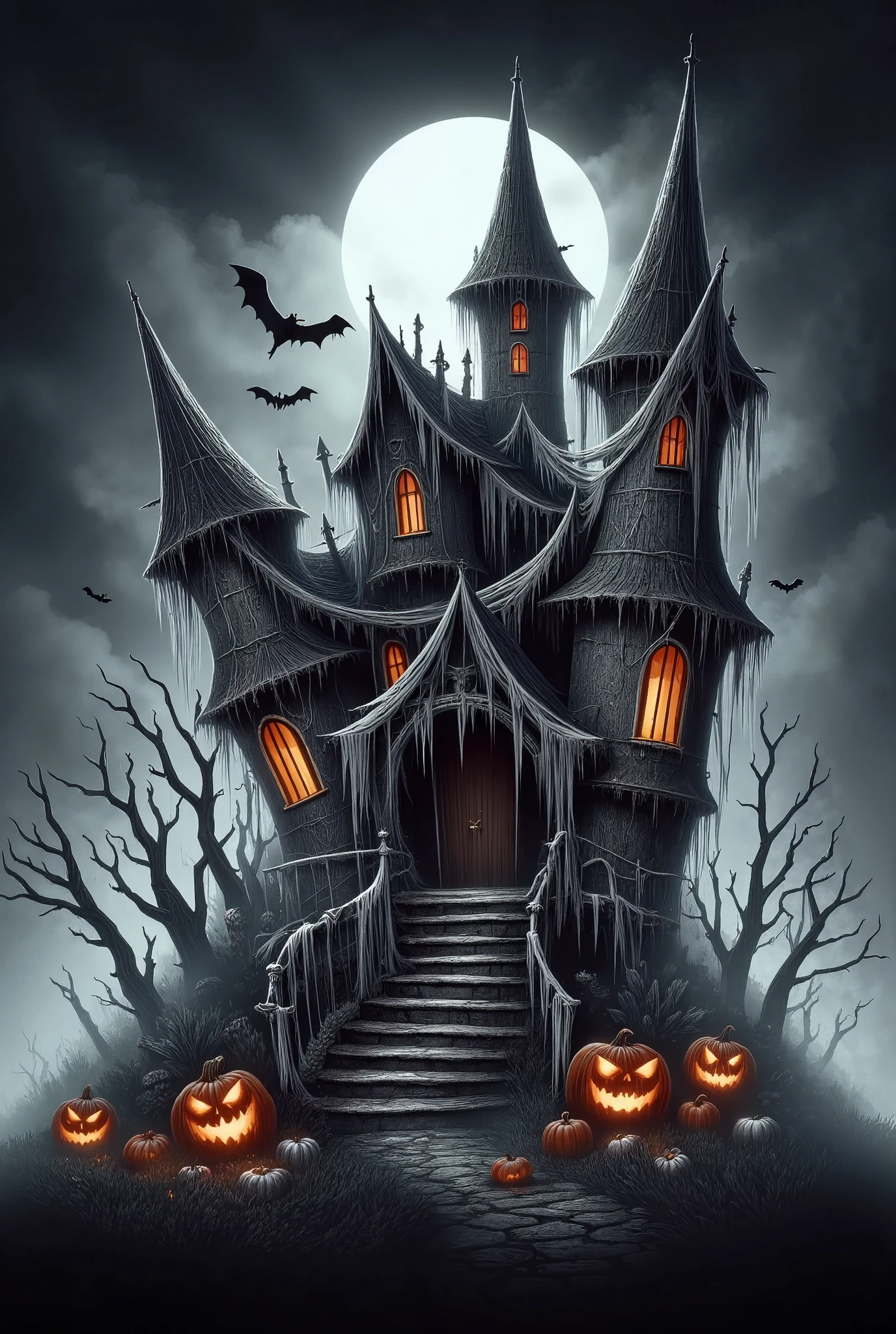 cute  haunted house,detailed,,pumpkin,bats flying,glowing jack-o'-lantern,cobwebs,full moon,dark moody lighting,mist,spooky atmosphere,,gothic,horror,Halloween,illustration