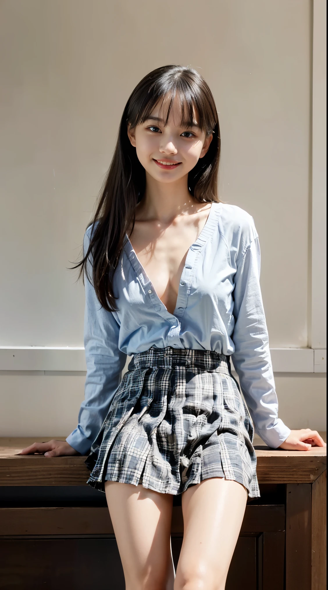 (8k、RAW photo、 Best Quality 、masterpiece:1.2)、(( topless、Nipples、 very flat chest、 slender、smile、skinny、relax、beige plaid pleated skirt、 long skirt 、 dark blue high socks :1.2))、(Realistic、Realistic)、 1 girl、(( shirt 、Our eyes meet、 Libraries ))