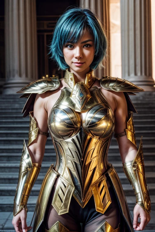  Cancer armor based on the Japanese anime Saint Seiya, shoulder_  armor decoration  ,    (  masterpiece:1.0), (   Better quality :1.0), ( ultra high resolution :1.0) ,(8k resolution:1.0), (realistic:1.0), (ultra detailed1:0),(raw photo:1.0), HDR, photograph,   Kodak Portra 400  , film grain, focused background,  vibrant color , bokeh effect,  Lens reflection, ((  perfect hands )), ((  Very large fake silicon breasts)), ((perfect arms)), (perfect face), {{    perfect anatomy    }}, general plan, small hands, fine fingers,
greek temple,   very detailed background  ,    1 woman wears golden Cancer armor,    golden armor  , Alone,  short blue hair , black eyes, smiling,    looking at the viewer  , face focused,   detailed face ,  vibrant color s,  Symmetrical eyes , visible lips, standing, holding breasts, (  full body  :1.2),