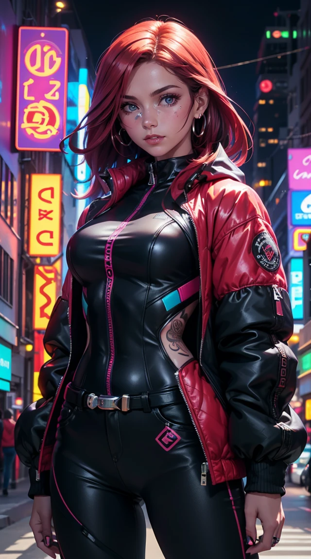 Beautiful woman is shown to have a tiny figure, colorful hair, wearing future red cyber city clothes, big res colorful puffy jacket, lots of facial piercings, tattoos, neon city, cybernetics, she has blue eyes, sexy session, elegant posing, cowboy shot, superior quality, many details, realistic,