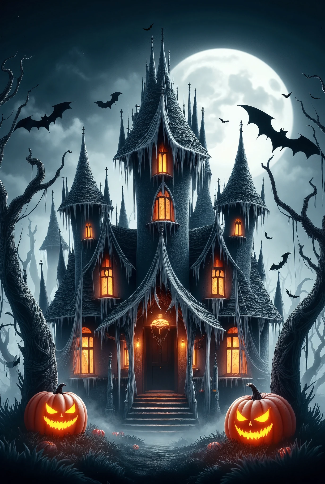  cute haunted house,detailed,,pumpkin,bats flying,glowing jack-o'-lantern,cobwebs,full moon,dark moody lighting,mist,spooky atmosphere,,gothic,horror,Halloween,illustration 