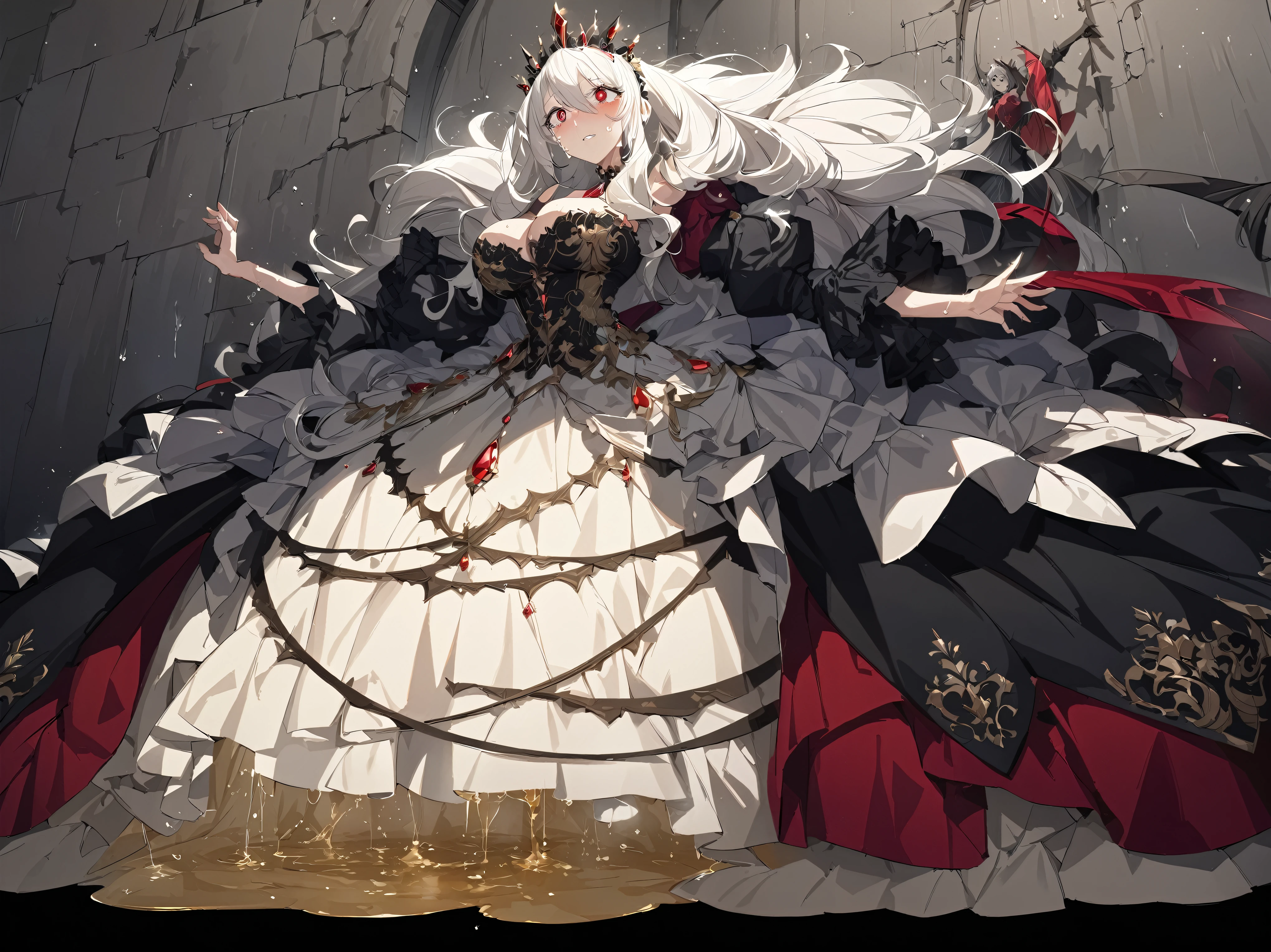 (( anime art style )),(masterpiece),( Best Quality),(Super details),(( Exquisite beautiful )),((Alone)),((whole body)),(( 1 bold queen ) Gorgeous Black and Red Rococo Queen Dress))),( red eyes ), delicate face and eyes,jewel eyes,(blush,shed tears, Open big eyes ,cry, Unobtrusive ,sweat),((Fear)), Both Hands Grab the Skirt's Pose,Pee on yourself,Pale yellow urine,pee stains, pale yellow liquid flows from the skirt, Straight hair with long lines ,white hair,(( between her eyes )),(( HUGE BREASTS,Long breasts )),Curvy beauty , Skin Dent ,( Gorgeous embroidery and lace ), Gorgeous Brooch ,perspective,Gorgeous hair accessories, Gorgeous Sparkling Gemstone Headpiece , Gorgeous ruffles ,((whole body)),((Wide Long Skirt,Wide Apron , Wide Skirt )),dynamic angle, Watching the Audience ,((( Gorgeous Black and Red Rococo Queen Dress)),whole body,Threatened in a dark dungeon wall corner,Very Fear