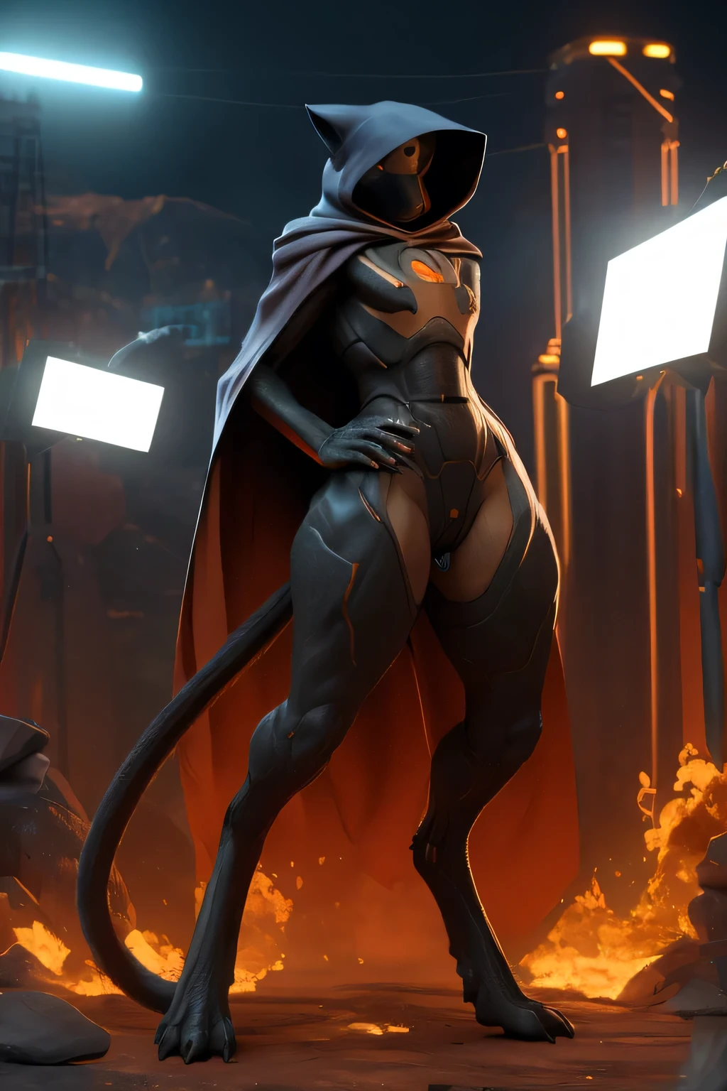 Alien girl, hips, wearing a hood with a cape, perched on a rock, beautiful thighs, ((curvaceous butt)), captivating legs, featureless mask, short, one person, (best quality,4k,8k,highres,masterpiece:1.2), ultra-detailed, (realistic,photorealistic,photo-realistic:1.37), HDR, UHD, studio lighting, ultra-fine painting, sharp focus, physically-based rendering, extreme detail description, professional, vivid colors, bokeh, portraits, landscape, horror, anime, sci-fi, photography, concept artists, warm color tone, vibrant lighting,((fart,farts,farting)), ((digitigrade legs)), ((cable tail)), clawed hands, ((cat eared hood))