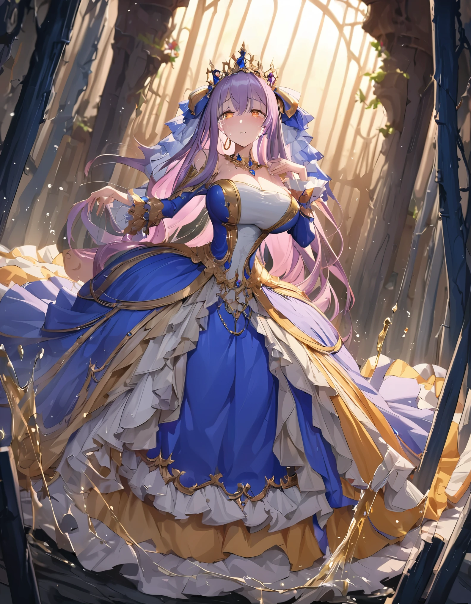 anime artstyle,Masterpiece,Best Quality,Super Detail,((Very Delicate and Beautiful)),(((1 plump princess in beautiful embroidery and jeweled gorgeous rococo ballgown with voluminous hoop skirt))),crinoline skirt,((Solo)),((winter garden with snow,sonw,sky)),((outdoor)),((full body)),(((gigantic tits,gigantic tits,cleavage,sagging tits,hanging breasts))),skindentation,(detailed face and eyes),jewel-like eyes,((extremely voluminous straight Hair,Extremely Long Straight Hair)),(((gorgeousfull embroidery and lace,beautiful embroidery and jeweled))),Gorgeous Gemstone Jewelry,gorgeous corsage,((gorgeous hair ornament,glitter jeweled gorgeous big tiara)),((full body)),((beautiful embroidery and jeweled gorgeous rococo ballgown with voluminous hoop skirt)),crinoline skirt,(crinoline),((winter garden with snow,sonw,snowflake,outdoor,sky)),Looking at viewer,dynamic angle,(((beautiful embroidery and jeweled gorgeous rococo ballgown with voluminous hoop skirt))),crinoline skirt,full body,
