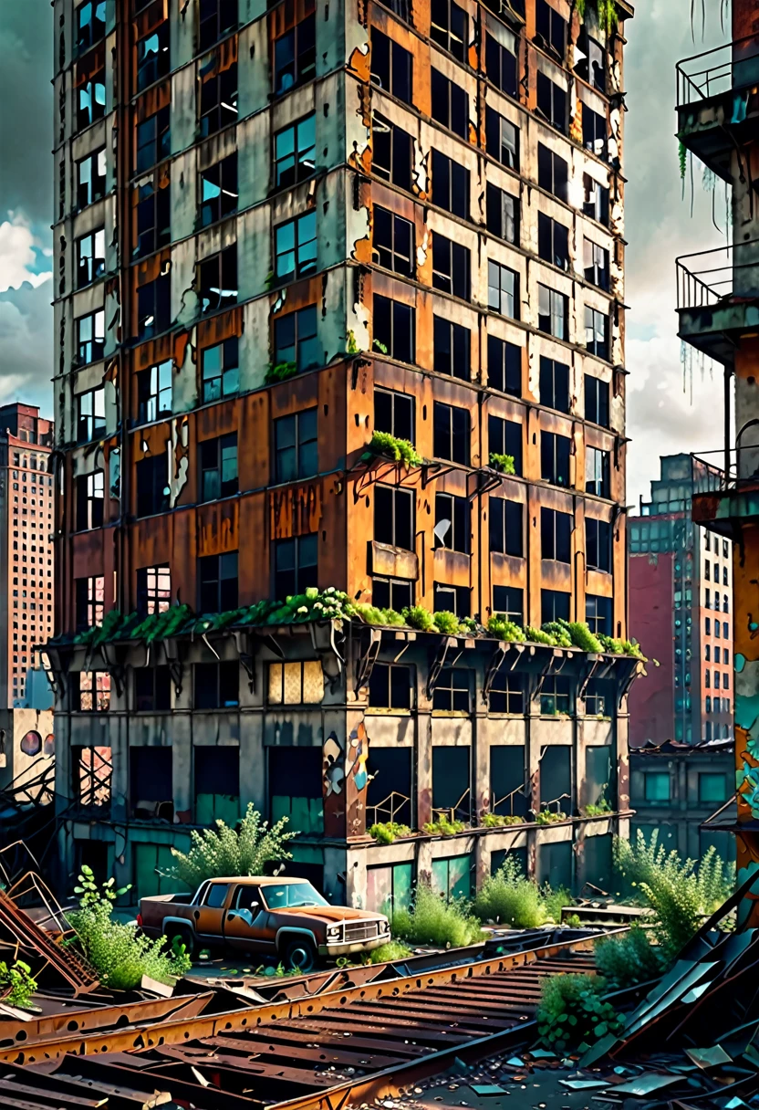 intricate cityscape, dilapidated tall buildings, crumbling architecture, urban decay, grungy environment, dystopian setting, moody lighting, dramatic shadows, surreal atmosphere, cinematic composition, hyper-detailed textures, weathered surfaces, overgrown vegetation, abandoned feel, industrial elements, rusted metal, peeling paint, subtle color tones, muted palette, best quality,4k,8k,highres,masterpiece:1.2,ultra-detailed,realistic,photorealistic,photo-realistic:1.37