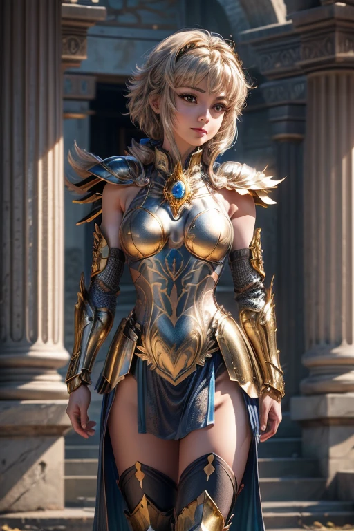  Cancer armor based on the Japanese anime Saint Seiya, shoulder_  armor decoration  ,    (  masterpiece:1.0), (   Better quality :1.0), ( ultra high resolution :1.0) ,(8k resolution:1.0), (realistic:1.0), (ultra detailed1:0),(raw photo:1.0), HDR, photograph,   Kodak Portra 400  , film grain, focused background,  vibrant color , bokeh effect,  Lens reflection, ((  perfect hands )), ((  Very large fake silicon breasts)), ((perfect arms)), (perfect face), {{    perfect anatomy    }}, general plan, small hands, fine fingers,
greek temple,   very detailed background  ,    1 woman wears golden Cancer armor,    golden armor  , Alone,  short blue hair , black eyes, smiling,    looking at the viewer  , face focused,   detailed face ,  vibrant color s,  Symmetrical eyes , visible lips, standing, holding breasts, (  full body  :1.2),