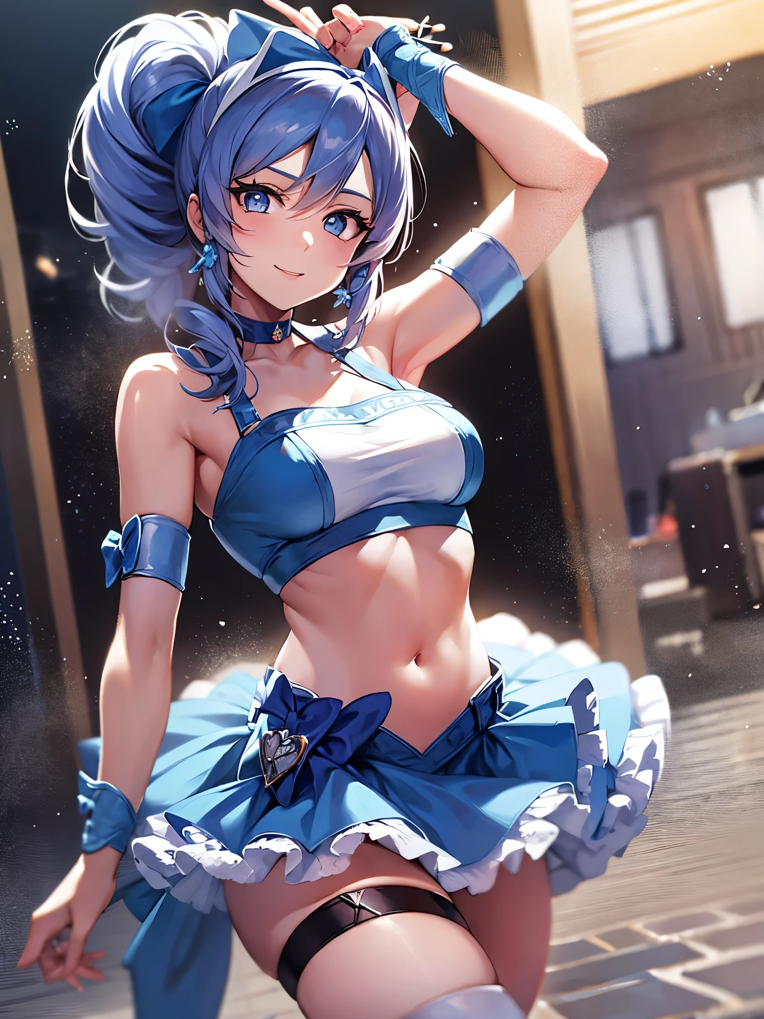  sleeveless , show me her armpits, sexy pose,masterpiece, Best Quality,  watching viewers ,  depth of field , walk, smile, one girl, Cure Berry,  Pretty Cure, Wrist cuff,   Blue Skirt  ,  side ponytail , Blue Boots,  pedras presiosas ,  headband , Navy Thighs, belly button,  Blue Ribbon,