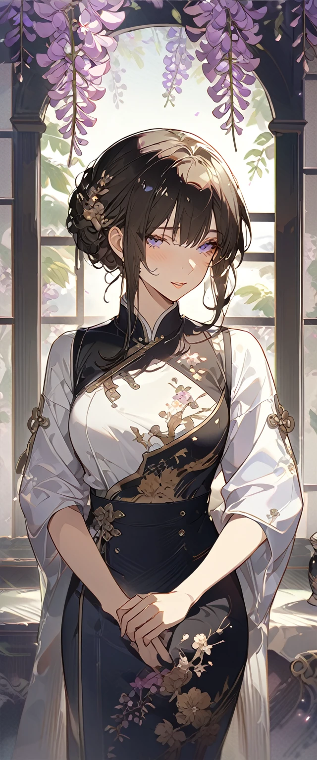 wisteria flower, wisteria tree, wisteria background, 8k ,4k , best quality, high quality, masterpiece, embroidery  clothes, big chest, all kind of hairstyle, inspired by Asukaziye artist : ask, art style : ask