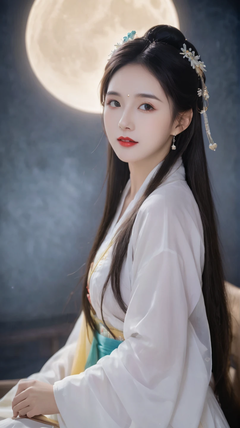 Full Moon Night，Beautiful woman in Hanfu sitting in front of the camera，Flip through books elegantly， Her delicate facial features showed a perfect face。She has a beautiful and delicate appearance，Wearing Hanfu， The colorful colors made it even more dazzling 。She has long hair，Wearing a shawl，Show off the charm of charm。This is a real photo，Showcases the figure and charm of the perfect woman。She performed alone on stage ，With a charming smile on his face，Perfect display of Hanfu charm。
