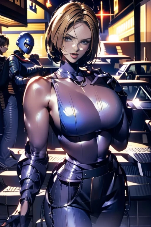 ( Best Quality ), (Blue Mary), (Overall view)  Hua Gai with a cool and charming face  ,RoboCop Armor  , Robocop helmet ,    beautiful and sexy young woman , 18 years old,    toned and muscular  ,  With a cool and handsome face  , SharpEye, Big Breasts