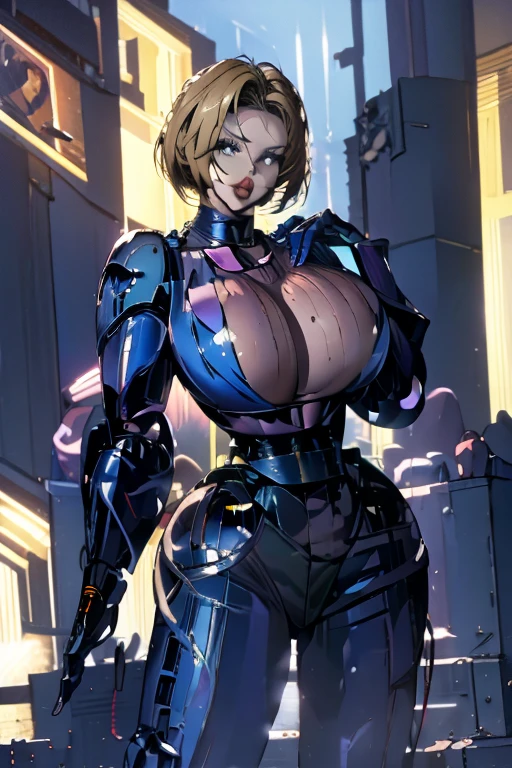 ( Best Quality ), (Blue Mary), (Overall view)  Hua Gai with a cool and charming face  ,RoboCop Armor  , Robocop helmet ,    beautiful and sexy young woman , 18 years old,    toned and muscular  ,  With a cool and handsome face  , SharpEye, Big Breasts