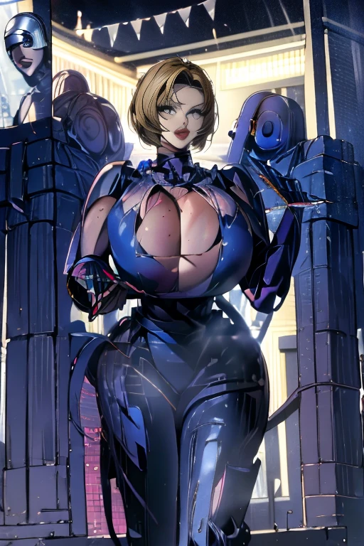 ( Best Quality ), (Blue Mary), (Overall view)  Hua Gai with a cool and charming face  ,RoboCop Armor  , Robocop helmet ,    beautiful and sexy young woman , 18 years old,    toned and muscular  ,  With a cool and handsome face  , SharpEye, Big Breasts