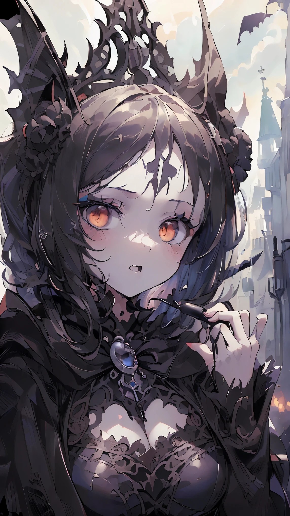 (((Best quality, 8k, Masterpiece: 1.3)), ((best quality)), ((masterpiece)), (detailed), perfect face, Makeup for Halloween, Gothic horror, Bat wings, black clothes, black cloak, white skin, pale skin, Holding a black cat