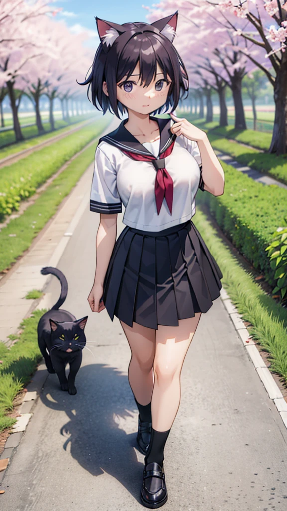 (masterpiece, ultra-detailed, best quality, clear focus, dramatic scene, cinematic), shadow, (ultra-high resolution, 8k), perfect anatomy, perfect face, (detailed face, detailed eye), cute Japanese girl, famous Japanese idol, very beautiful and cute and cool face, dynamic pose, dynamic angle, (wearing a black sailor uniform with very long black skirt:1.3), punk rock styled mature bad girl, short curly-haired, red lips, bad girl, (very large breasts), slim waist, standing at the footpath between rice fields, beautiful cherry blossom, She is walking with cats, (mewing giant cat with kitten:1.3)