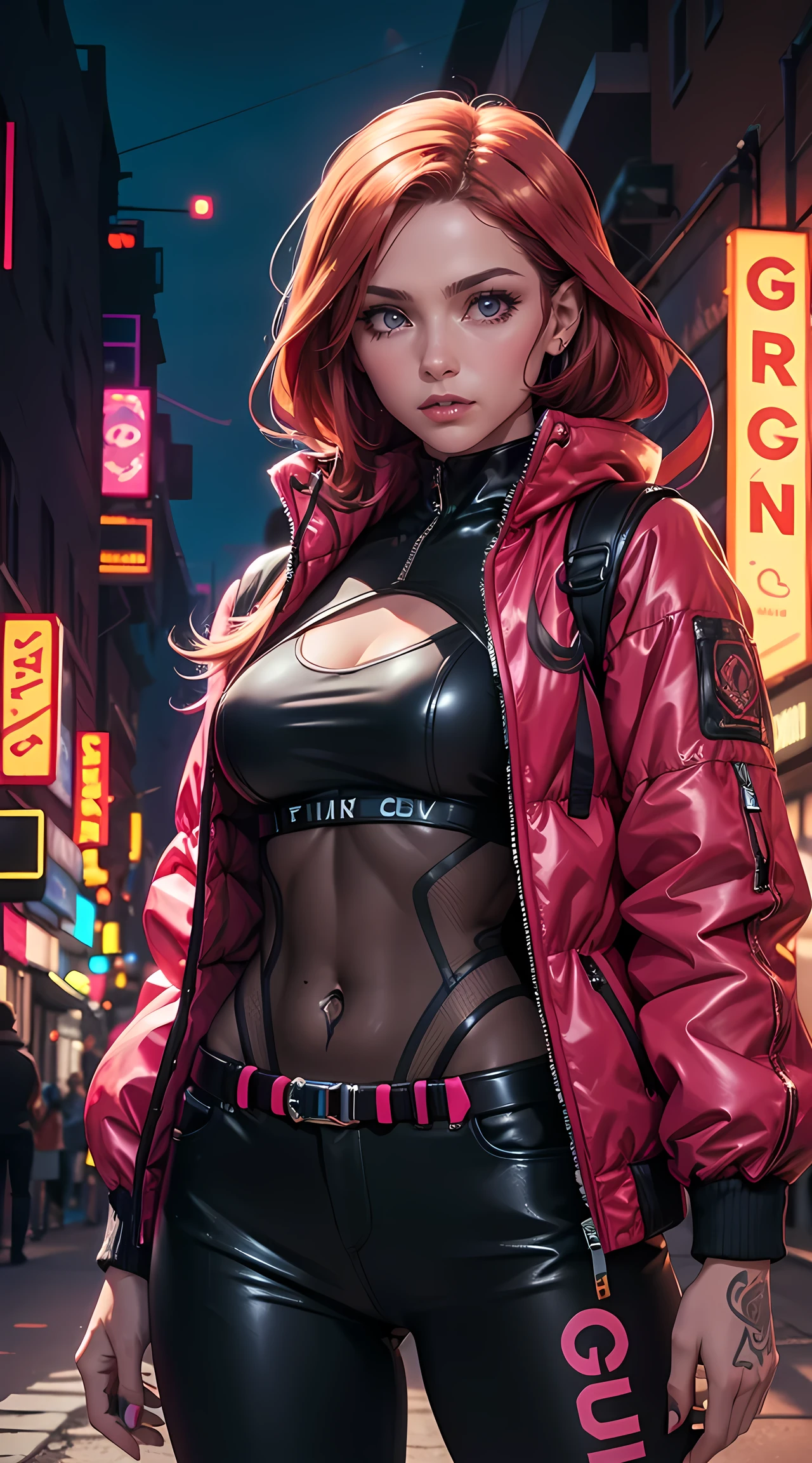 Beautiful woman is shown to have a tiny figure, colorful hair, wearing future red cyber city clothes, big res colorful puffy jacket, lots of facial piercings, tattoos, neon city, cybernetics, she has blue eyes, sexy session, elegant posing, cowboy shot, superior quality, many details, realistic,